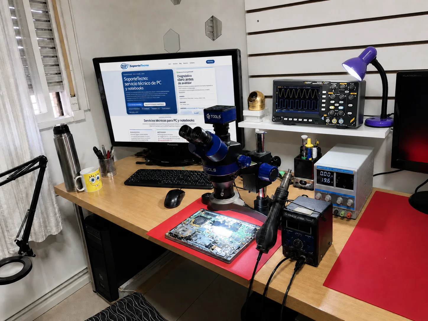 Banco técnico real de SoporteTecno con microscopio, fuente de laboratorio, estación de aire y equipo en revisión